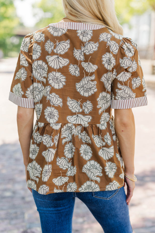 Living Lovely Camel Brown Floral Blouse