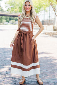 So Put Together Brown Striped Midi Dress