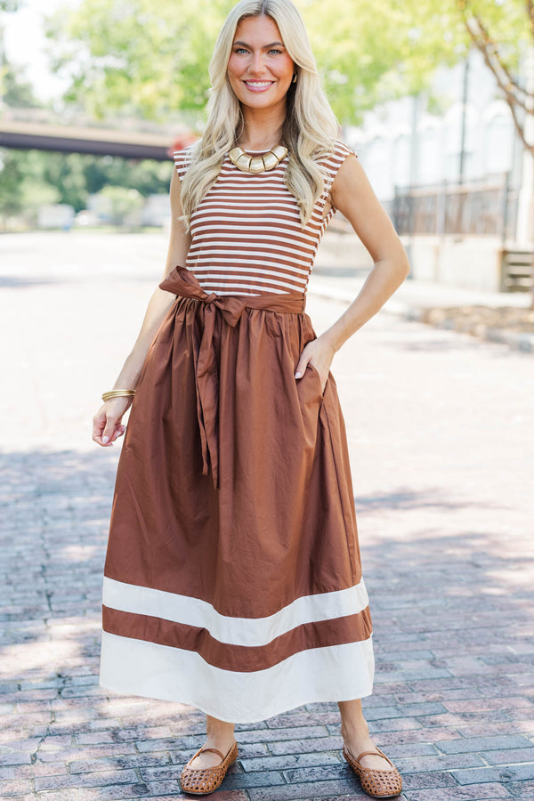 So Put Together Brown Striped Midi Dress
