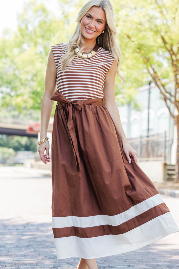 So Put Together Brown Striped Midi Dress