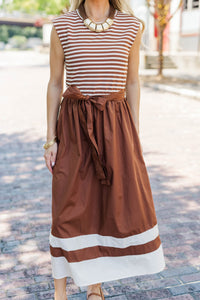 So Put Together Brown Striped Midi Dress