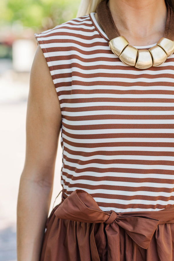 So Put Together Brown Striped Midi Dress