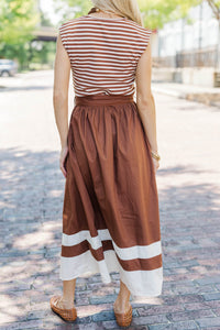 So Put Together Brown Striped Midi Dress