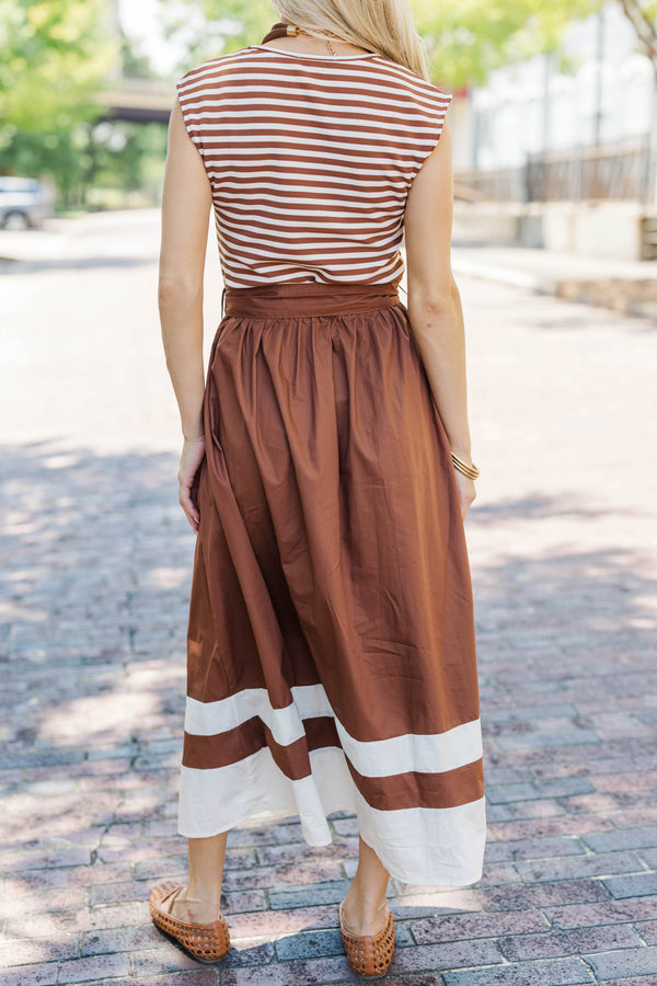 So Put Together Brown Striped Midi Dress