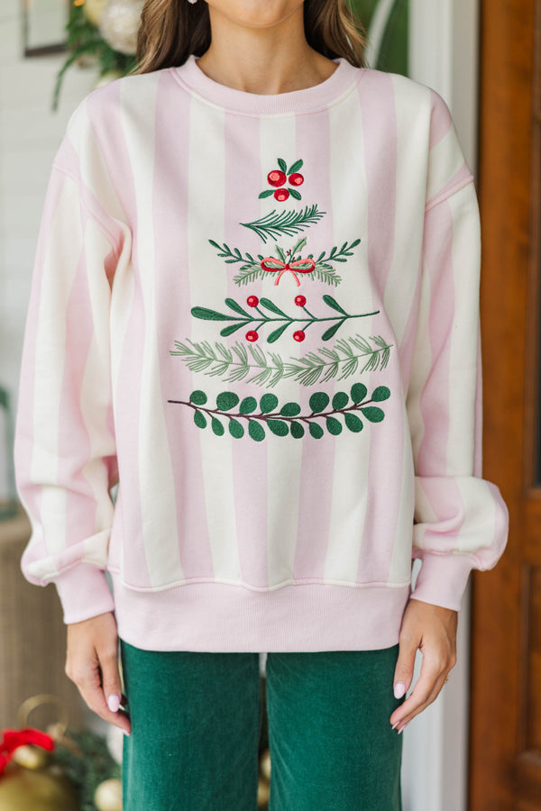 Making Spirits Bright Pink Striped Embroidered Sweatshirt