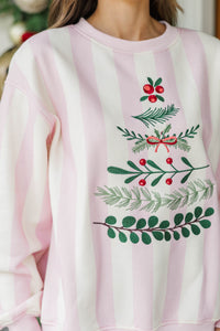 Making Spirits Bright Pink Striped Embroidered Sweatshirt