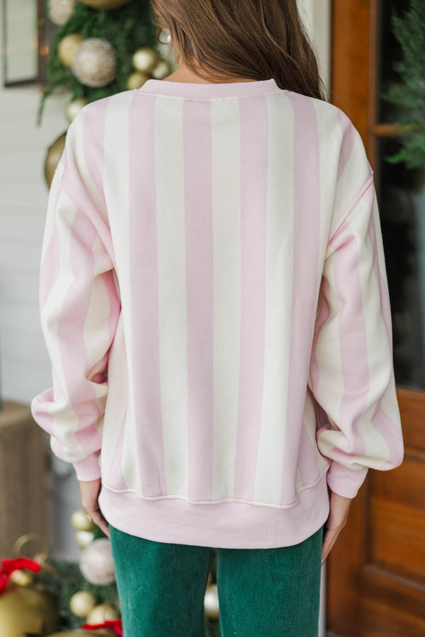 Making Spirits Bright Pink Striped Embroidered Sweatshirt