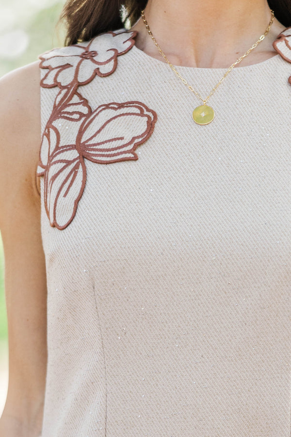 Worth Going Viral Taupe Tweed Embroidered Dress