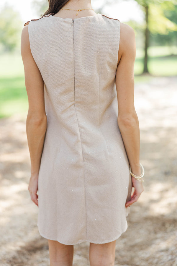 Worth Going Viral Taupe Tweed Embroidered Dress
