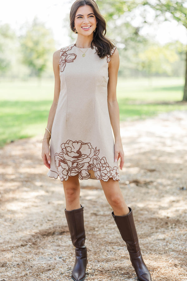 Worth Going Viral Taupe Tweed Embroidered Dress