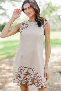 Worth Going Viral Taupe Tweed Embroidered Dress