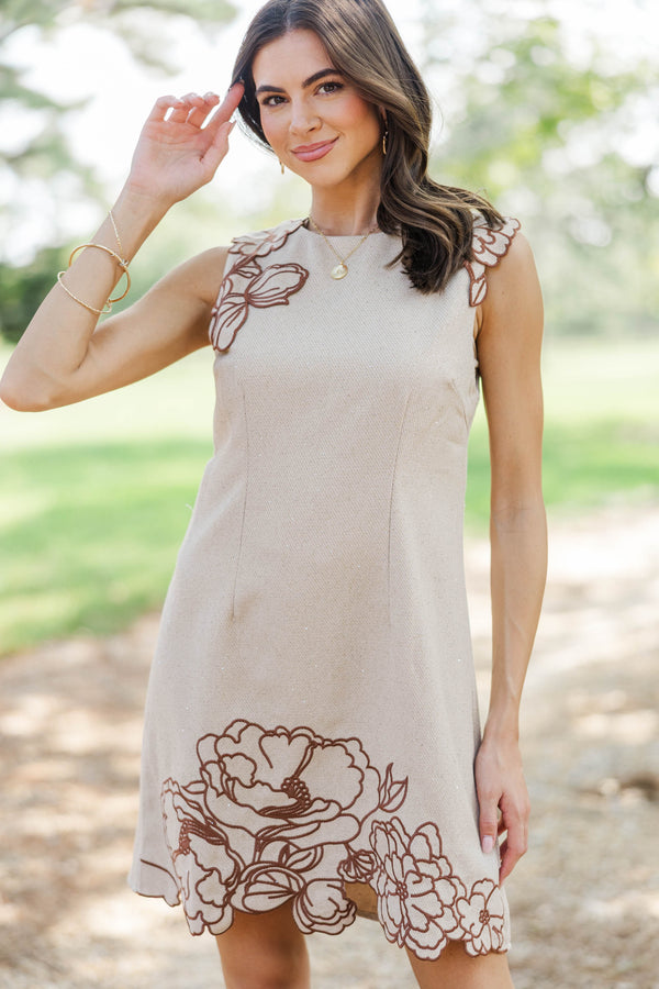 Worth Going Viral Taupe Tweed Embroidered Dress