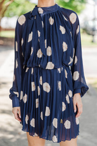Evening Gathering Navy Polka Dot Pleated Dress