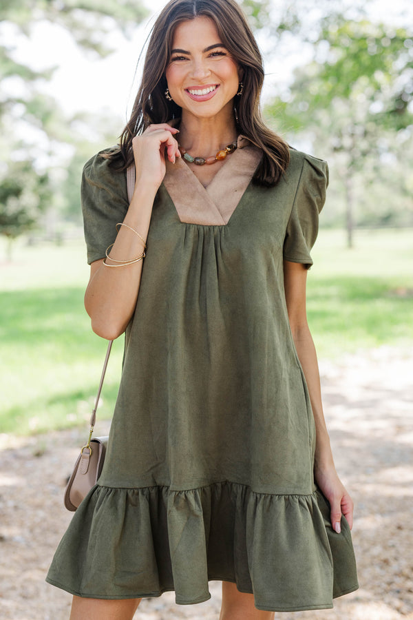 Lovely Feeling Olive Suede Dress