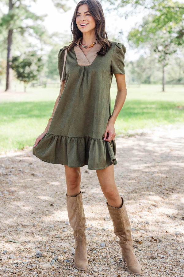 Lovely Feeling Olive Suede Dress