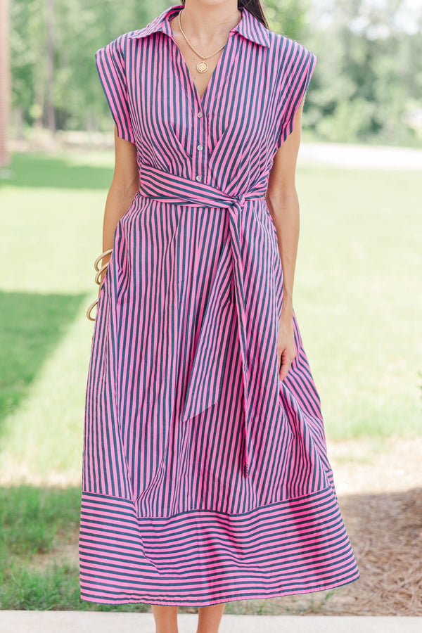 Always A Good Choice Pink & Navy Striped Midi Dress