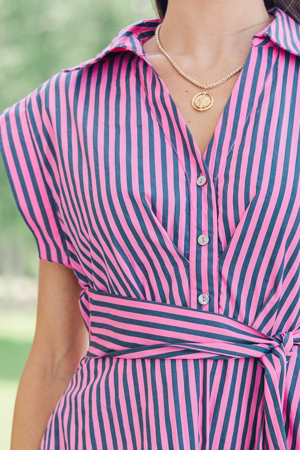 Always A Good Choice Pink & Navy Striped Midi Dress