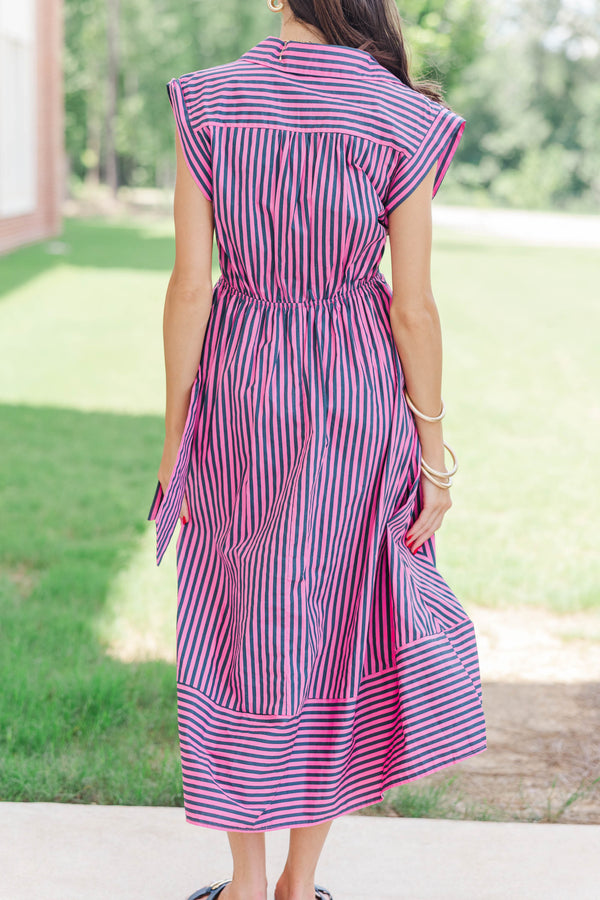 Always A Good Choice Pink & Navy Striped Midi Dress