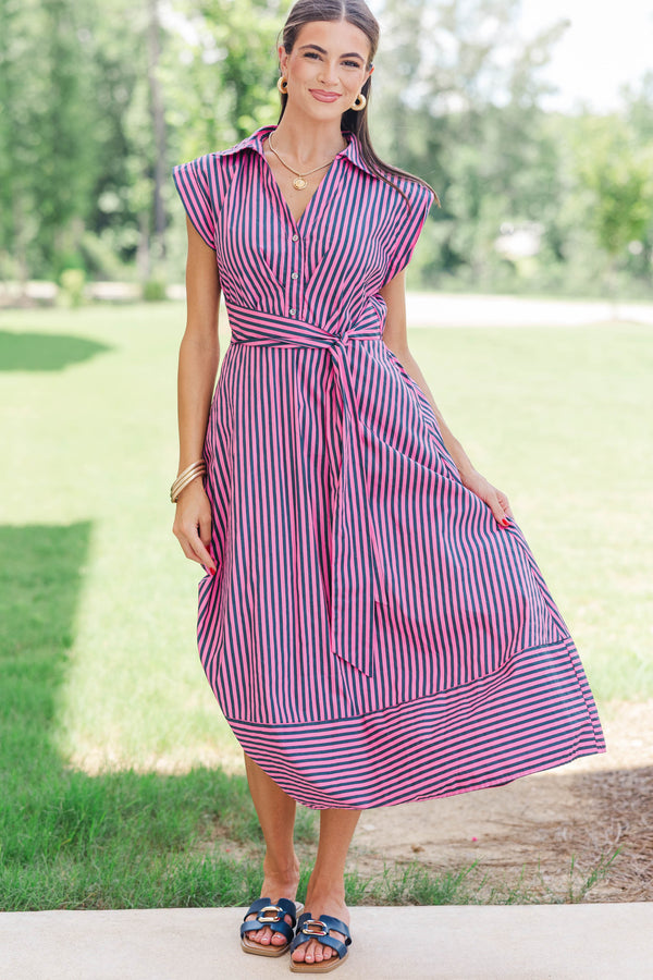 Always A Good Choice Pink & Navy Striped Midi Dress