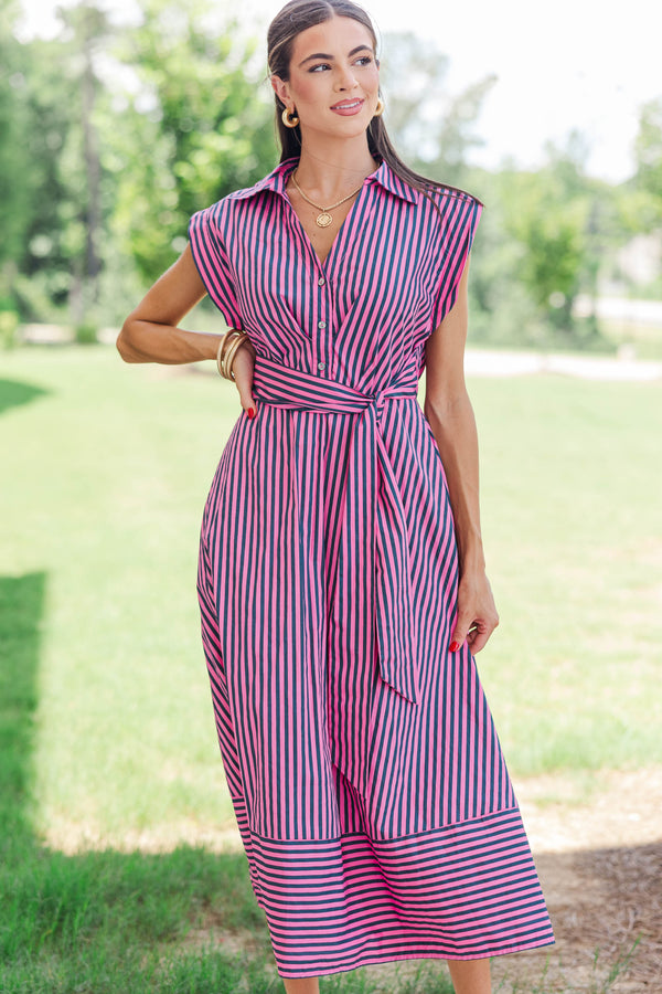 Always A Good Choice Pink & Navy Striped Midi Dress