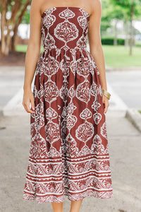 Signature Moment Brown Floral Strapless Midi Dress