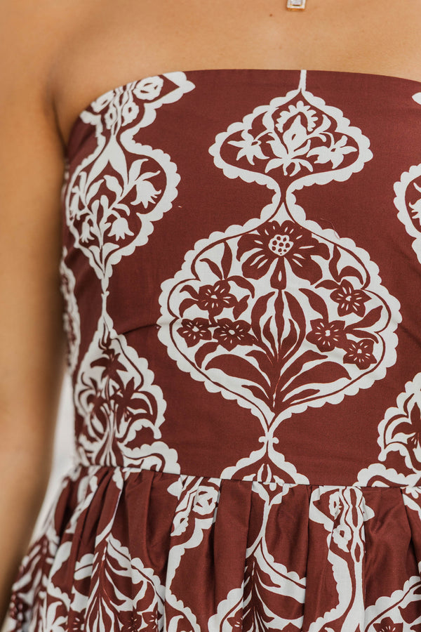 Signature Moment Brown Floral Strapless Midi Dress