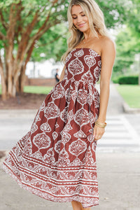 Signature Moment Brown Floral Strapless Midi Dress