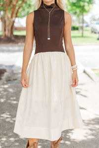 Good Impression Brown Mock Neck Midi Dress