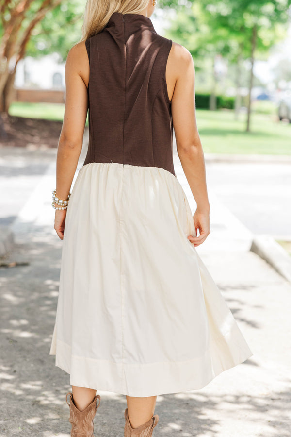 Good Impression Brown Mock Neck Midi Dress