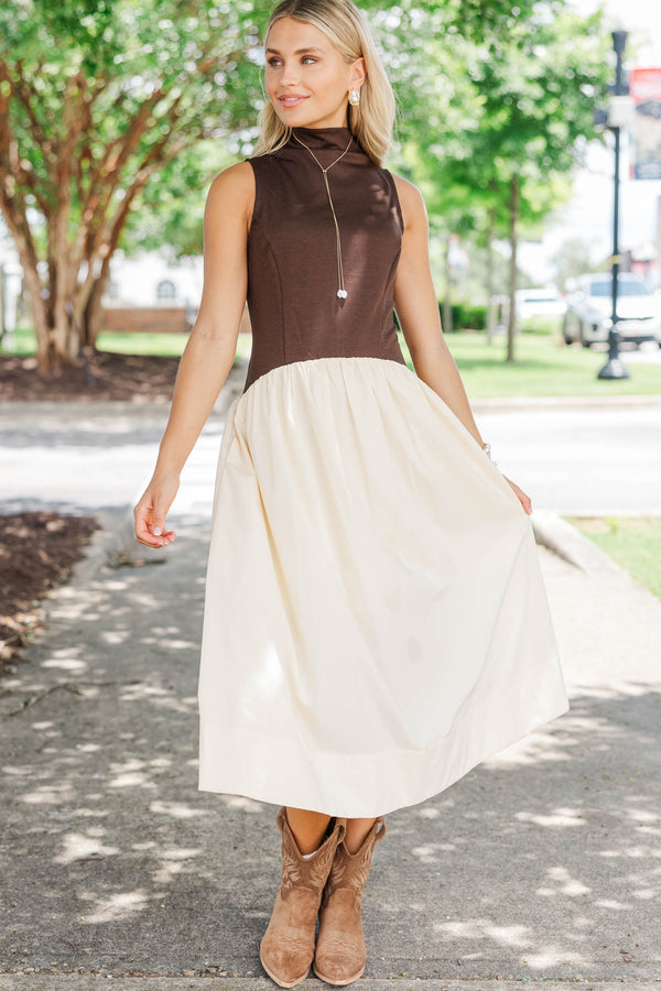 Good Impression Brown Mock Neck Midi Dress