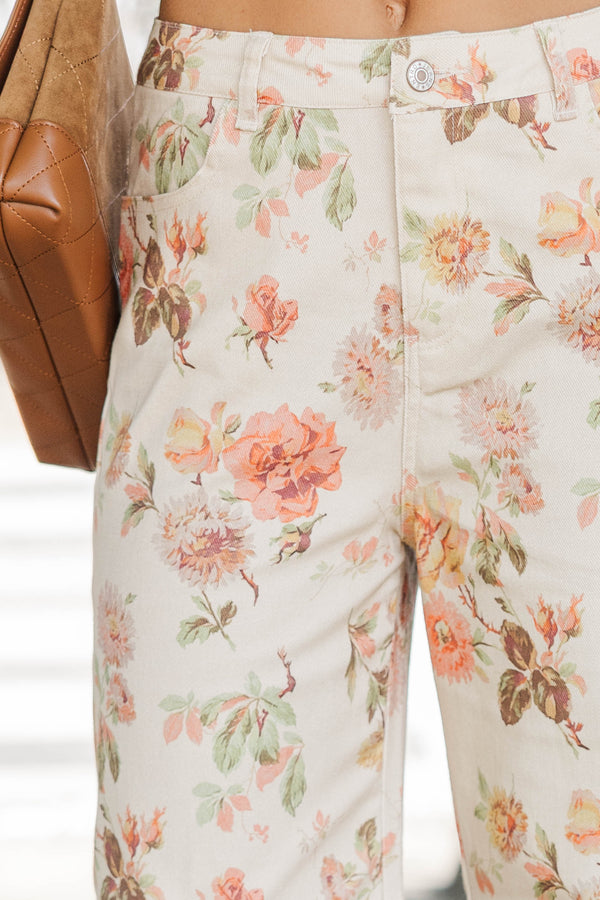Feeling Good Cream Floral Wide Leg Jeans