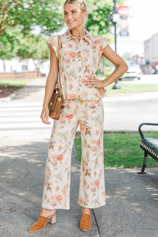 Feeling Good Cream Floral Wide Leg Jeans