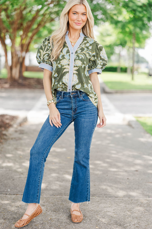 Early Autumn Olive Floral Blouse