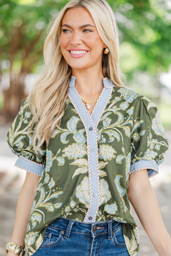 Early Autumn Olive Floral Blouse