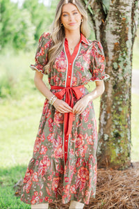 Here We Go Olive Floral Midi Dress