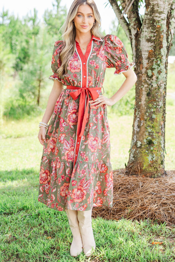 Here We Go Olive Floral Midi Dress