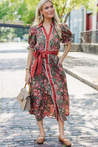 Here We Go Olive Floral Midi Dress