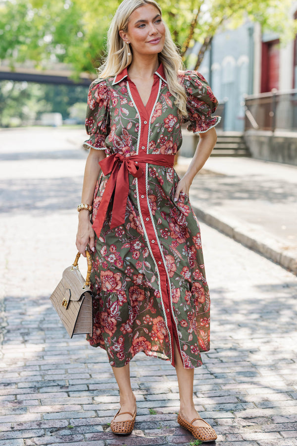 Here We Go Olive Floral Midi Dress