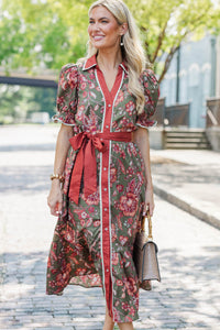 Here We Go Olive Floral Midi Dress