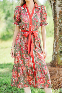 Here We Go Olive Floral Midi Dress