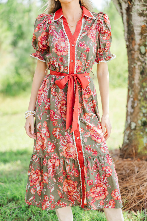 Here We Go Olive Floral Midi Dress