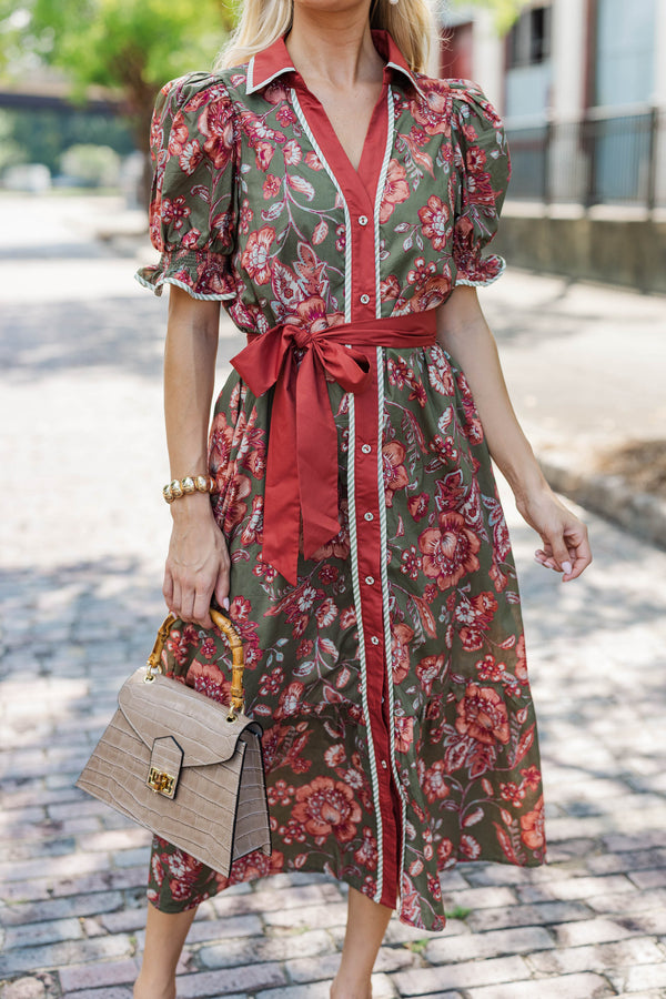 Here We Go Olive Floral Midi Dress