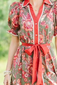 Here We Go Olive Floral Midi Dress