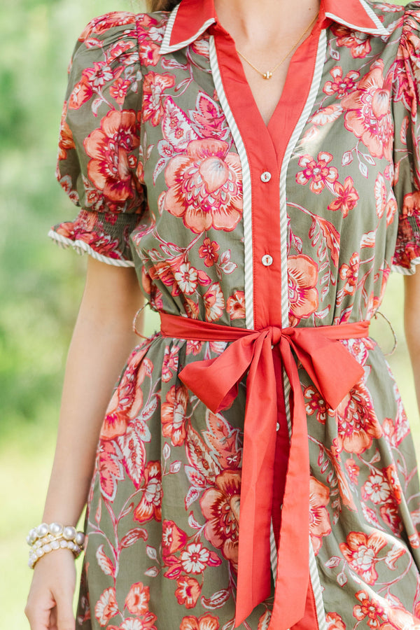 Here We Go Olive Floral Midi Dress