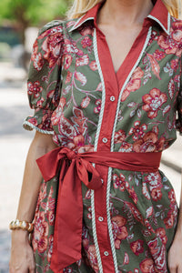 Here We Go Olive Floral Midi Dress