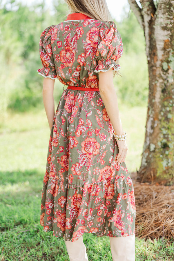 Here We Go Olive Floral Midi Dress