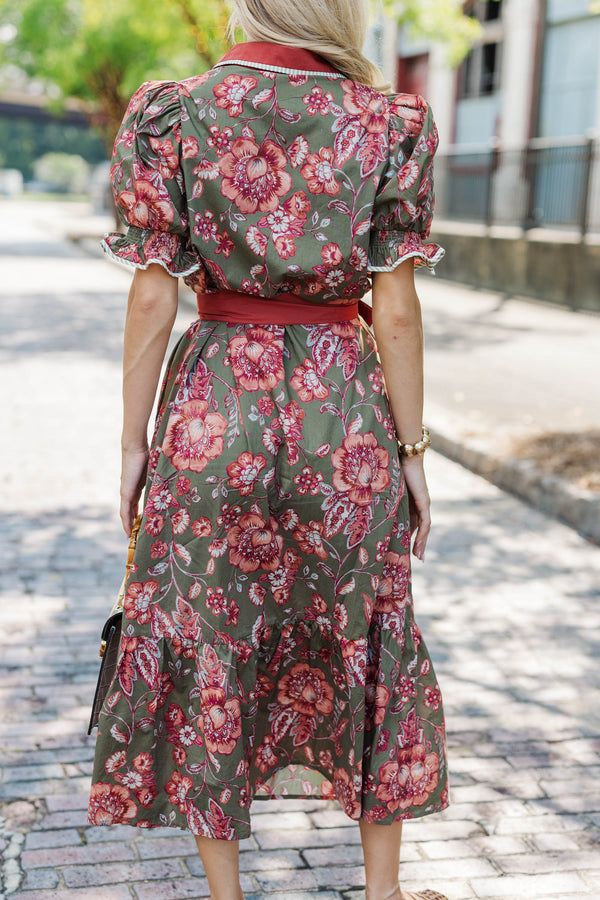 Here We Go Olive Floral Midi Dress