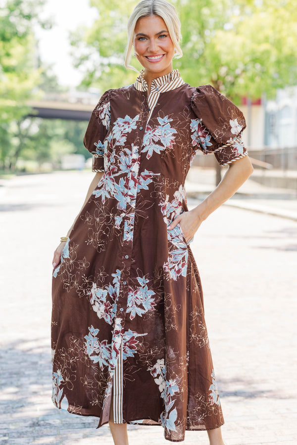 Moment To Remember Brown Floral Midi Dress