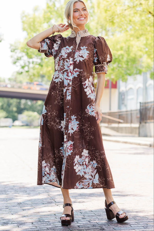 Moment To Remember Brown Floral Midi Dress