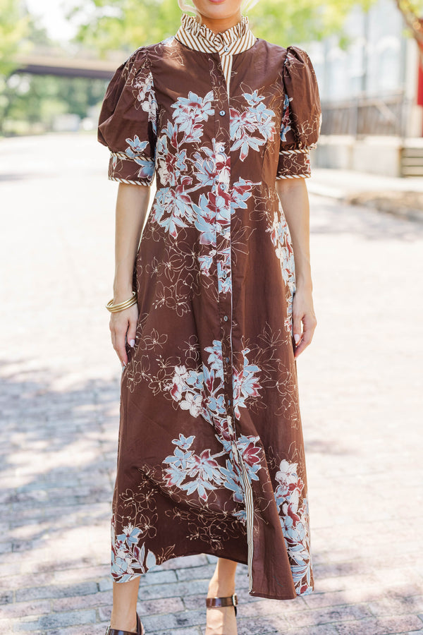 Moment To Remember Brown Floral Midi Dress